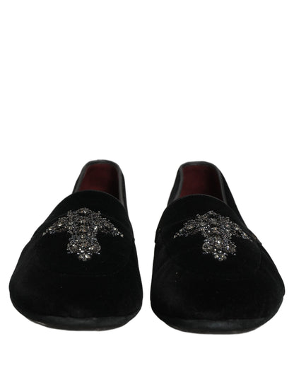 Dolce & Gabbana 9 To 5 Men's Suede Leather & Crystal Loafer Slip-On Shoes - Black Signature