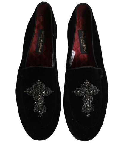 Dolce & Gabbana 9 To 5 Men's Suede Leather & Crystal Loafer Slip-On Shoes - Black Signature