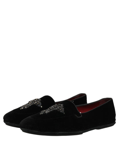 Dolce & Gabbana 9 To 5 Men's Suede Leather & Crystal Loafer Slip-On Shoes - Black Signature