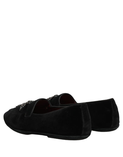 Dolce & Gabbana 9 To 5 Men's Suede Leather & Crystal Loafer Slip-On Shoes - Black Signature