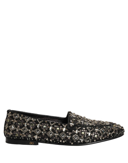 Dolce & Gabbana 9 To 5 Aria Men's Suede Leather & Crystal Loafer Slip-On Shoes - Black Signature