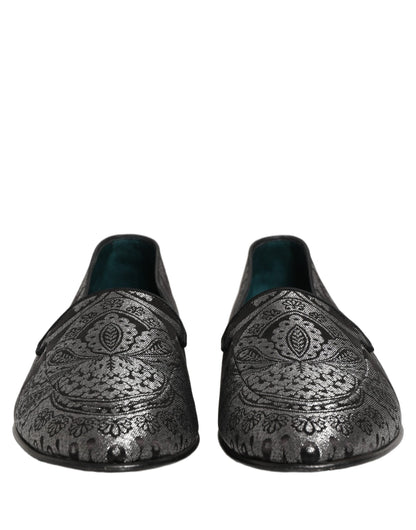 Dolce & Gabbana 9 To 5 Aria Men's Leather Loafer Slip-On Shoes - Black Silver Patterned Jacquard Signature