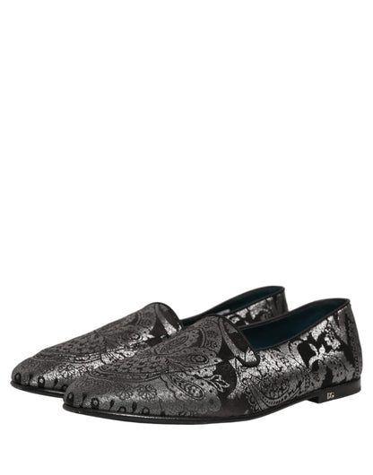 Dolce & Gabbana 9 To 5 Aria Men's Leather Loafer Slip-On Shoes - Black Silver Patterned Jacquard Signature