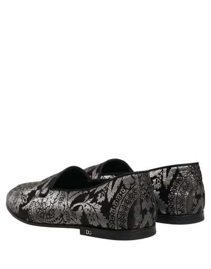 Dolce & Gabbana 9 To 5 Aria Men's Leather Loafer Slip-On Shoes - Black Silver Patterned Jacquard Signature