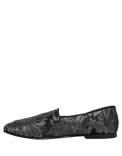 Dolce & Gabbana 9 To 5 Aria Men's Leather Loafer Slip-On Shoes - Black Silver Patterned Jacquard Signature