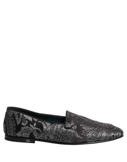 Dolce & Gabbana 9 To 5 Aria Men's Leather Loafer Slip-On Shoes - Black Silver Patterned Jacquard Signature