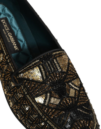 Dolce & Gabbana 9 To 5 Men's Leather & Sequins Loafer Slip-On Shoes - Black Gold Signature