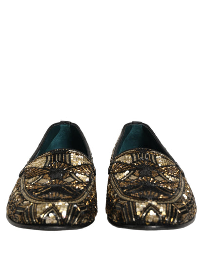 Dolce & Gabbana 9 To 5 Men's Leather & Sequins Loafer Slip-On Shoes - Black Gold Signature