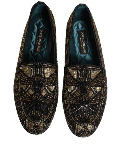 Dolce & Gabbana 9 To 5 Men's Leather & Sequins Loafer Slip-On Shoes - Black Gold Signature
