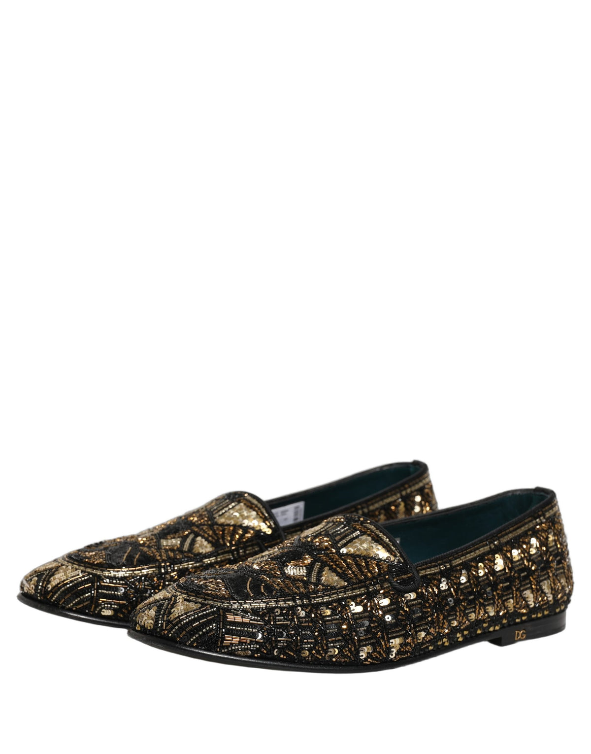 Dolce & Gabbana 9 To 5 Men's Leather & Sequins Loafer Slip-On Shoes - Black Gold Signature