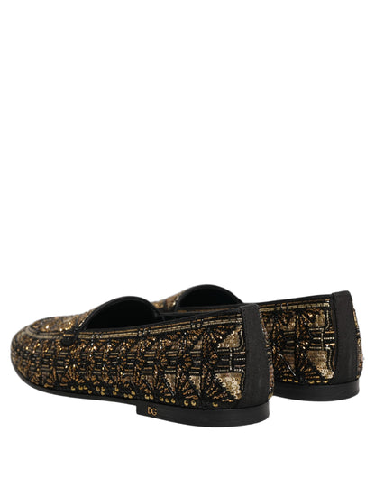 Dolce & Gabbana 9 To 5 Men's Leather & Sequins Loafer Slip-On Shoes - Black Gold Signature