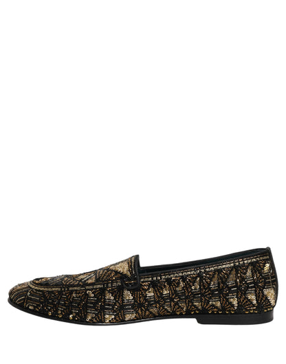 Dolce & Gabbana 9 To 5 Men's Leather & Sequins Loafer Slip-On Shoes - Black Gold Signature