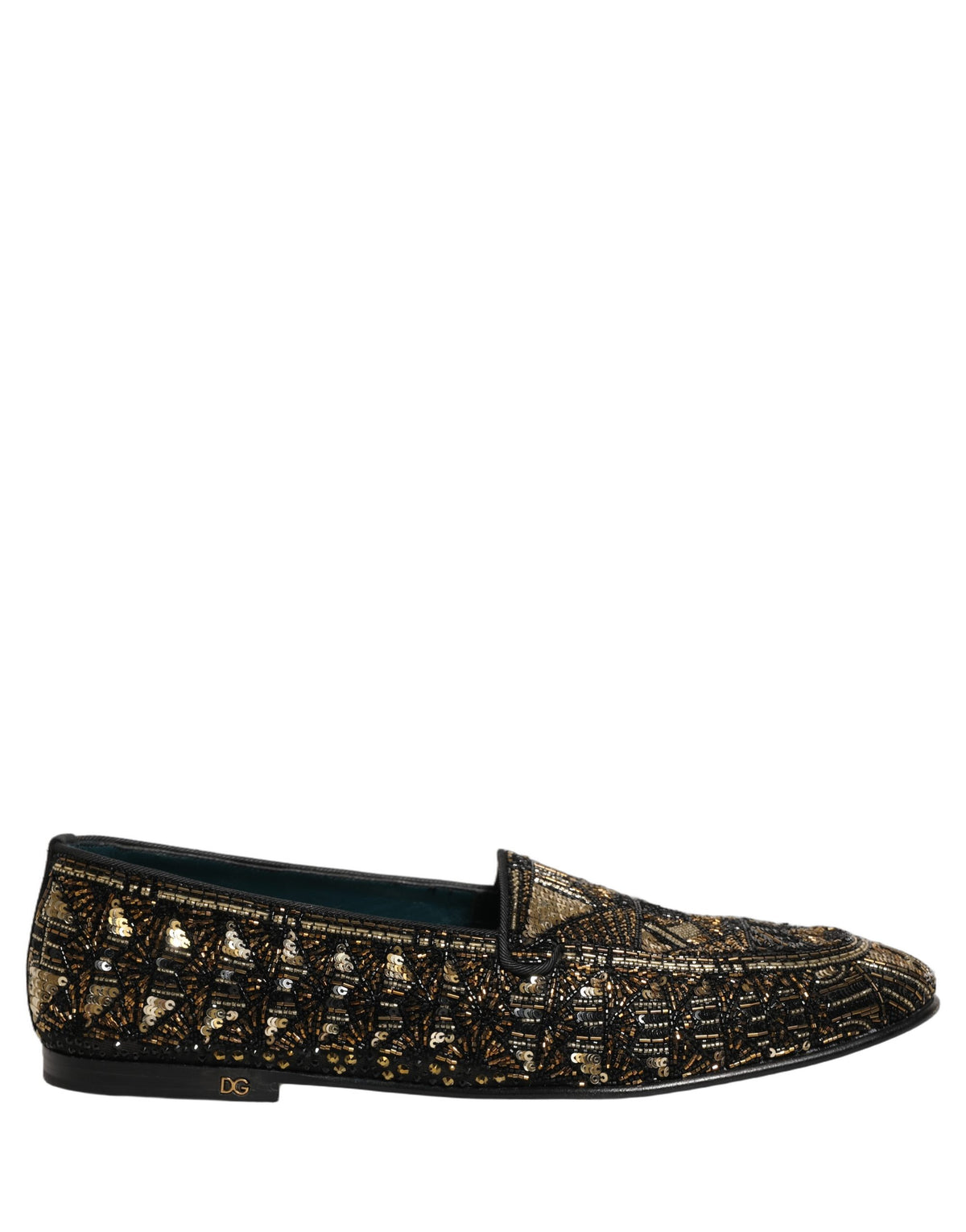 Dolce & Gabbana 9 To 5 Men's Leather & Sequins Loafer Slip-On Shoes - Black Gold Signature