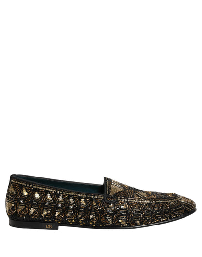 Dolce & Gabbana 9 To 5 Men's Leather & Sequins Loafer Slip-On Shoes - Black Gold Signature