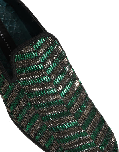 Dolce & Gabbana 9 To 5 Men's Leather & Rhinestone Loafer Slip-On Shoes - Green Silver Signature