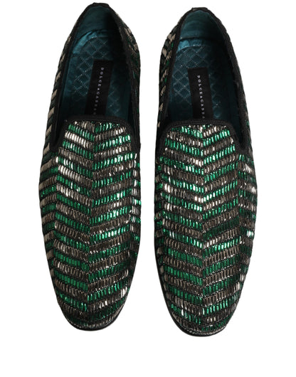 Dolce & Gabbana 9 To 5 Men's Leather & Rhinestone Loafer Slip-On Shoes - Green Silver Signature