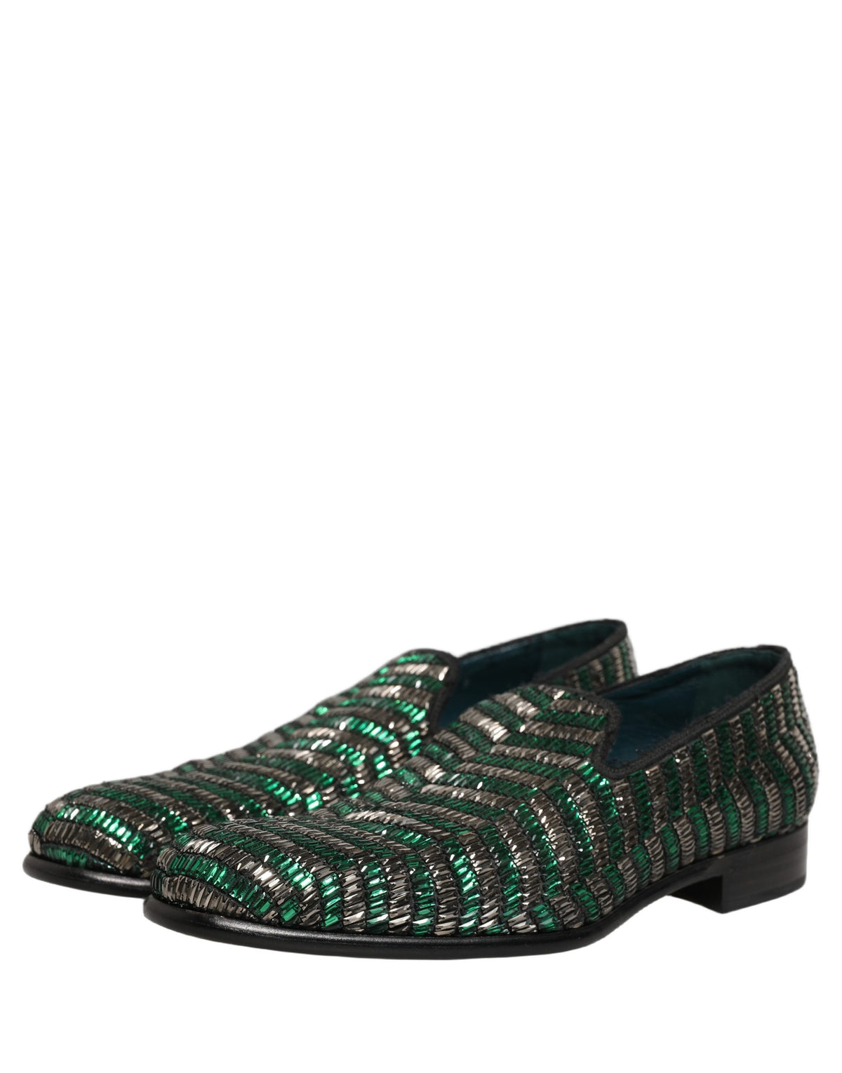 Dolce & Gabbana 9 To 5 Men's Leather & Rhinestone Loafer Slip-On Shoes - Green Silver Signature