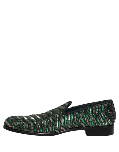 Dolce & Gabbana 9 To 5 Men's Leather & Rhinestone Loafer Slip-On Shoes - Green Silver Signature