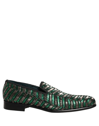 Dolce & Gabbana 9 To 5 Men's Leather & Rhinestone Loafer Slip-On Shoes - Green Silver Signature