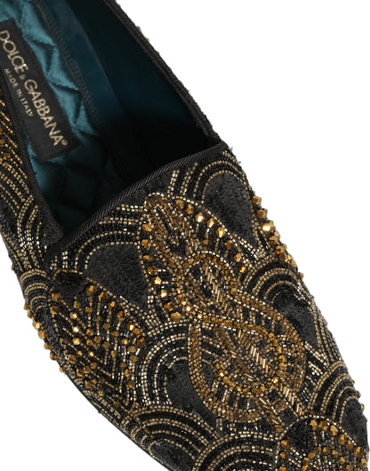 Dolce & Gabbana 9 To 5 501 Men's Canvas Leather & Rhinestone Loafer Slip-On Slippers Shoes - Black Gold Signature