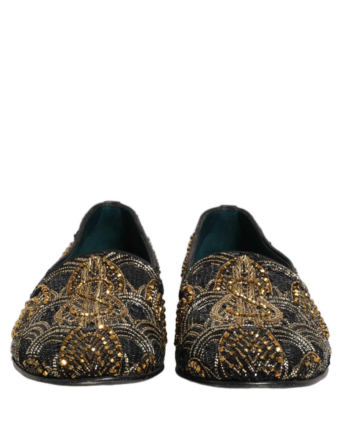 Dolce & Gabbana 9 To 5 501 Men's Canvas Leather & Rhinestone Loafer Slip-On Slippers Shoes - Black Gold Signature