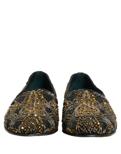 Dolce & Gabbana 9 To 5 501 Men's Canvas Leather & Rhinestone Loafer Slip-On Slippers Shoes - Black Gold Signature