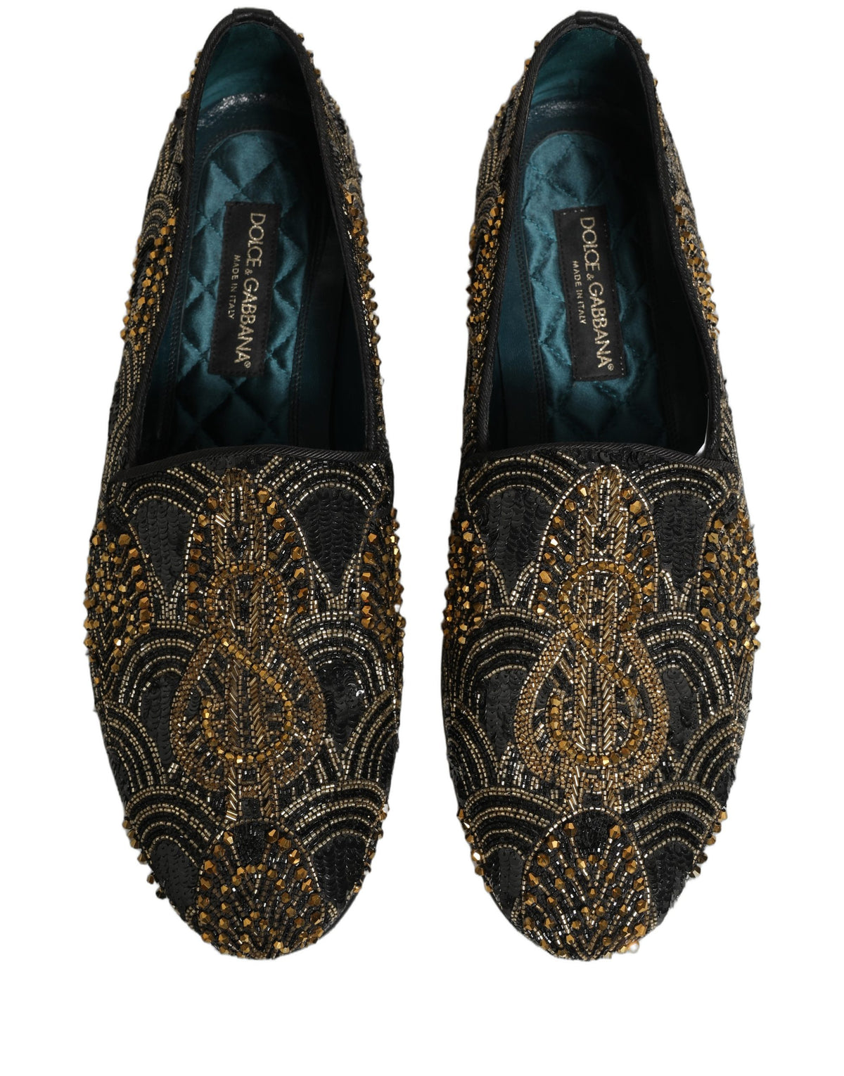 Dolce & Gabbana 9 To 5 501 Men's Canvas Leather & Rhinestone Loafer Slip-On Slippers Shoes - Black Gold Signature