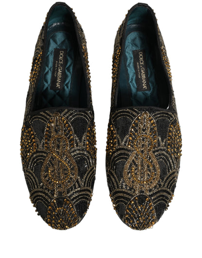 Dolce & Gabbana 9 To 5 501 Men's Canvas Leather & Rhinestone Loafer Slip-On Slippers Shoes - Black Gold Signature