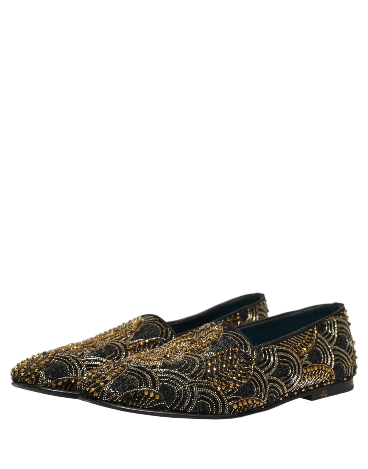 Dolce & Gabbana 9 To 5 501 Men's Canvas Leather & Rhinestone Loafer Slip-On Slippers Shoes - Black Gold Signature