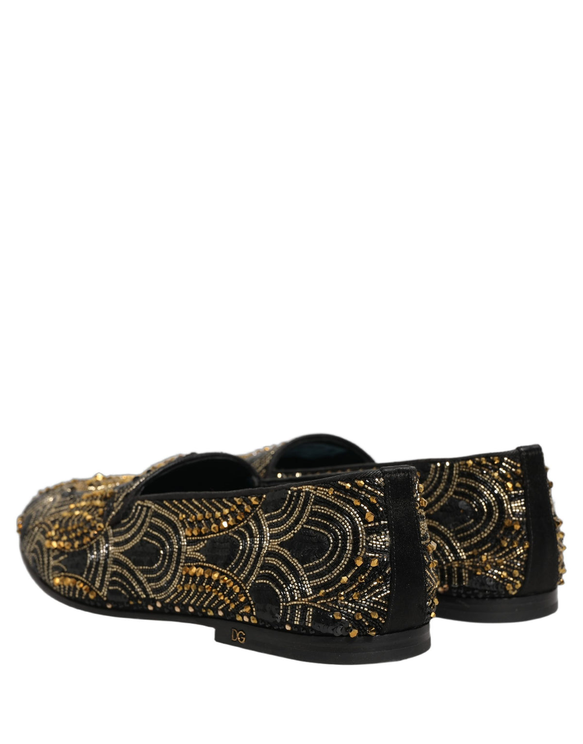 Dolce & Gabbana 9 To 5 501 Men's Canvas Leather & Rhinestone Loafer Slip-On Slippers Shoes - Black Gold Signature