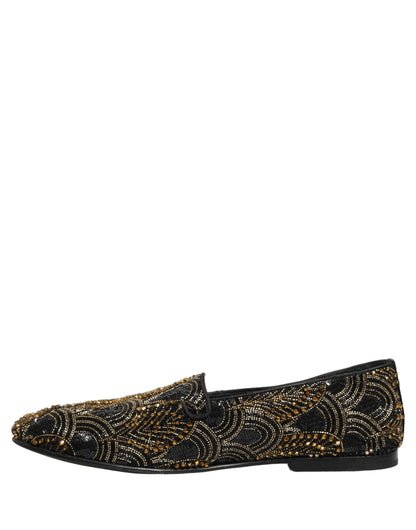 Dolce & Gabbana 9 To 5 501 Men's Canvas Leather & Rhinestone Loafer Slip-On Slippers Shoes - Black Gold Signature