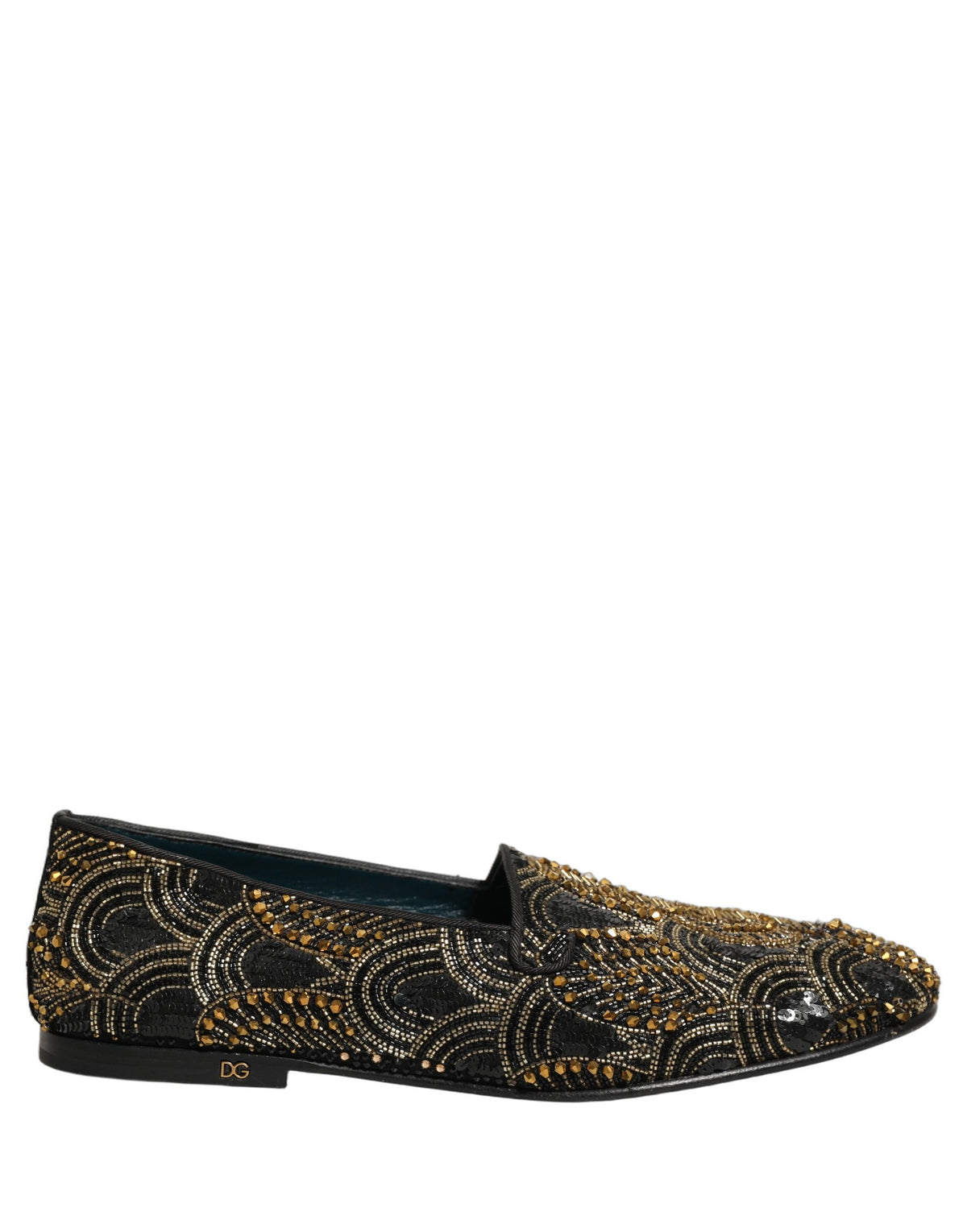 Dolce & Gabbana 9 To 5 501 Men's Canvas Leather & Rhinestone Loafer Slip-On Slippers Shoes - Black Gold Signature