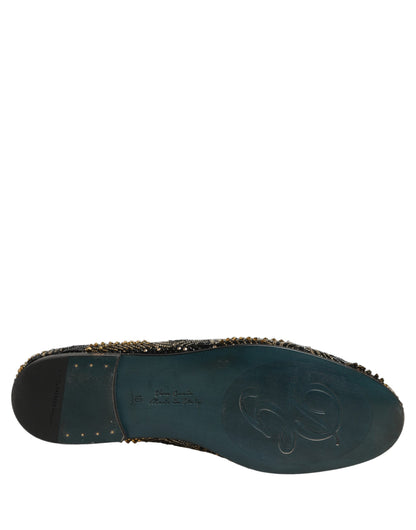 Dolce & Gabbana 9 To 5 501 Men's Canvas Leather & Rhinestone Loafer Slip-On Slippers Shoes - Black Gold Signature
