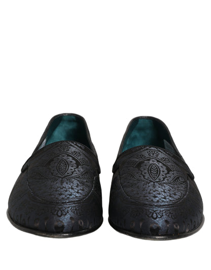 Dolce & Gabbana 9 To 5 501 Aria Men's Leather Loafer Slip-On Shoes - Black Blue Patterned Jacquard Signature