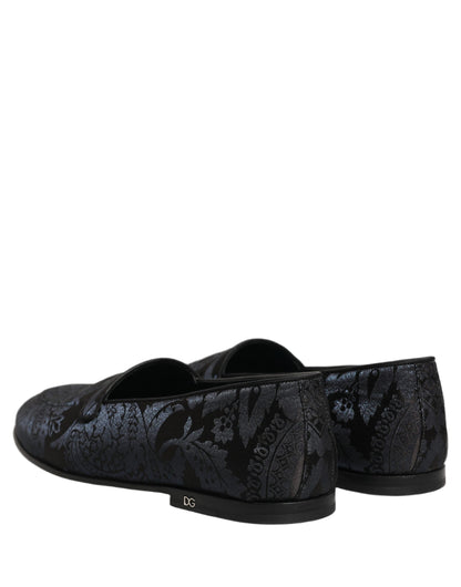 Dolce & Gabbana 9 To 5 501 Aria Men's Leather Loafer Slip-On Shoes - Black Blue Patterned Jacquard Signature