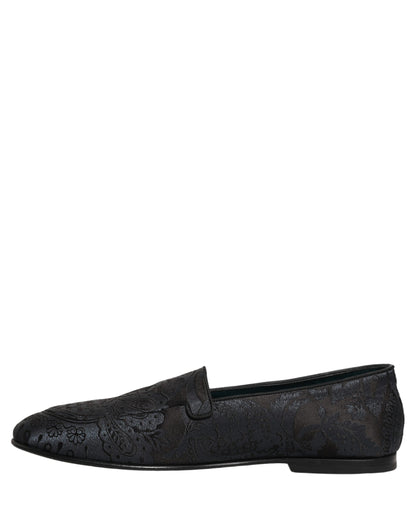 Dolce & Gabbana 9 To 5 501 Aria Men's Leather Loafer Slip-On Shoes - Black Blue Patterned Jacquard Signature