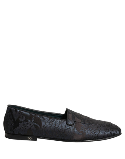 Dolce & Gabbana 9 To 5 501 Aria Men's Leather Loafer Slip-On Shoes - Black Blue Patterned Jacquard Signature