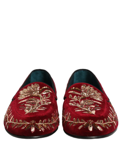 Dolce & Gabbana 9 To 5 Aria Men's Leather & Velvet Loafer Slip-On Shoes - Red Floral Signature