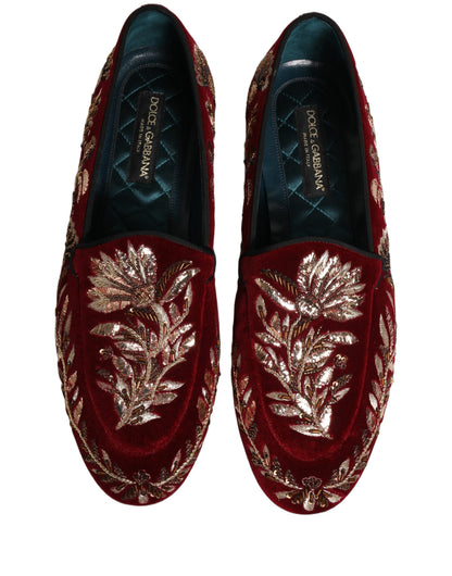 Dolce & Gabbana 9 To 5 Aria Men's Leather & Velvet Loafer Slip-On Shoes - Red Floral Signature