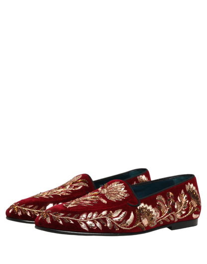 Dolce & Gabbana 9 To 5 Aria Men's Leather & Velvet Loafer Slip-On Shoes - Red Floral Signature