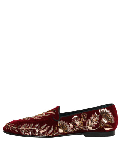 Dolce & Gabbana 9 To 5 Aria Men's Leather & Velvet Loafer Slip-On Shoes - Red Floral Signature