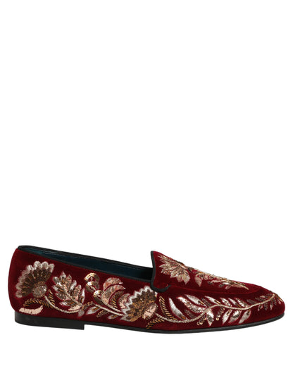 Dolce & Gabbana 9 To 5 Aria Men's Leather & Velvet Loafer Slip-On Shoes - Red Floral Signature