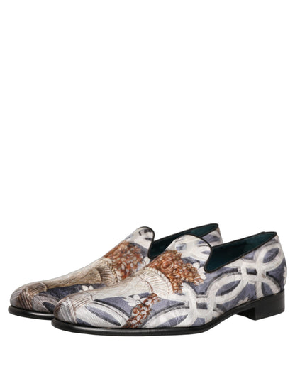 Dolce & Gabbana 9 To 5 501 Aria Men's Leather Loafer Slip-On Shoes - Black Blue Multicolor Patterned Floral Jacquard Signature