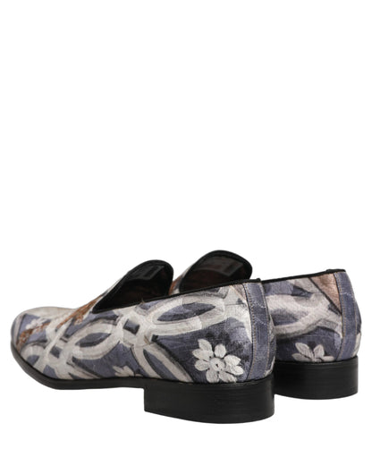 Dolce & Gabbana 9 To 5 501 Aria Men's Leather Loafer Slip-On Shoes - Black Blue Multicolor Patterned Floral Jacquard Signature