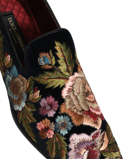 Dolce & Gabbana 9 To 5 Aria Men's Leather & Velvet Loafer Slip-On Shoes - Black Floral Signature