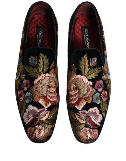 Dolce & Gabbana 9 To 5 Aria Men's Leather & Velvet Loafer Slip-On Shoes - Black Floral Signature