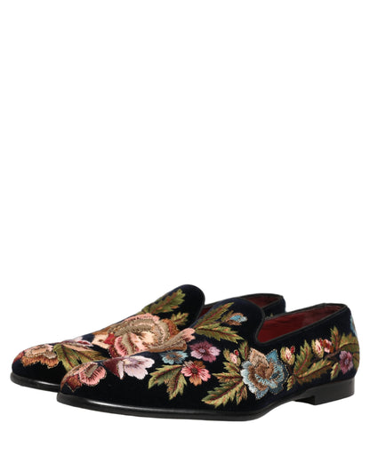 Dolce & Gabbana 9 To 5 Aria Men's Leather & Velvet Loafer Slip-On Shoes - Black Floral Signature