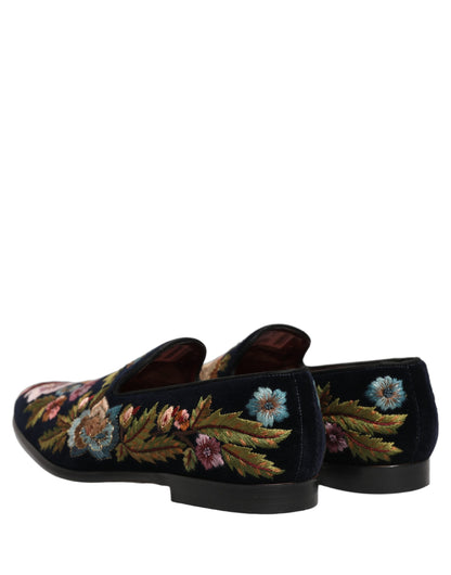 Dolce & Gabbana 9 To 5 Aria Men's Leather & Velvet Loafer Slip-On Shoes - Black Floral Signature