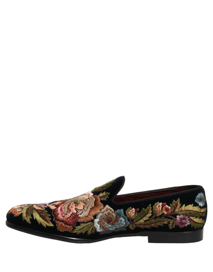 Dolce & Gabbana 9 To 5 Aria Men's Leather & Velvet Loafer Slip-On Shoes - Black Floral Signature