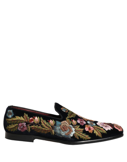 Dolce & Gabbana 9 To 5 Aria Men's Leather & Velvet Loafer Slip-On Shoes - Black Floral Signature